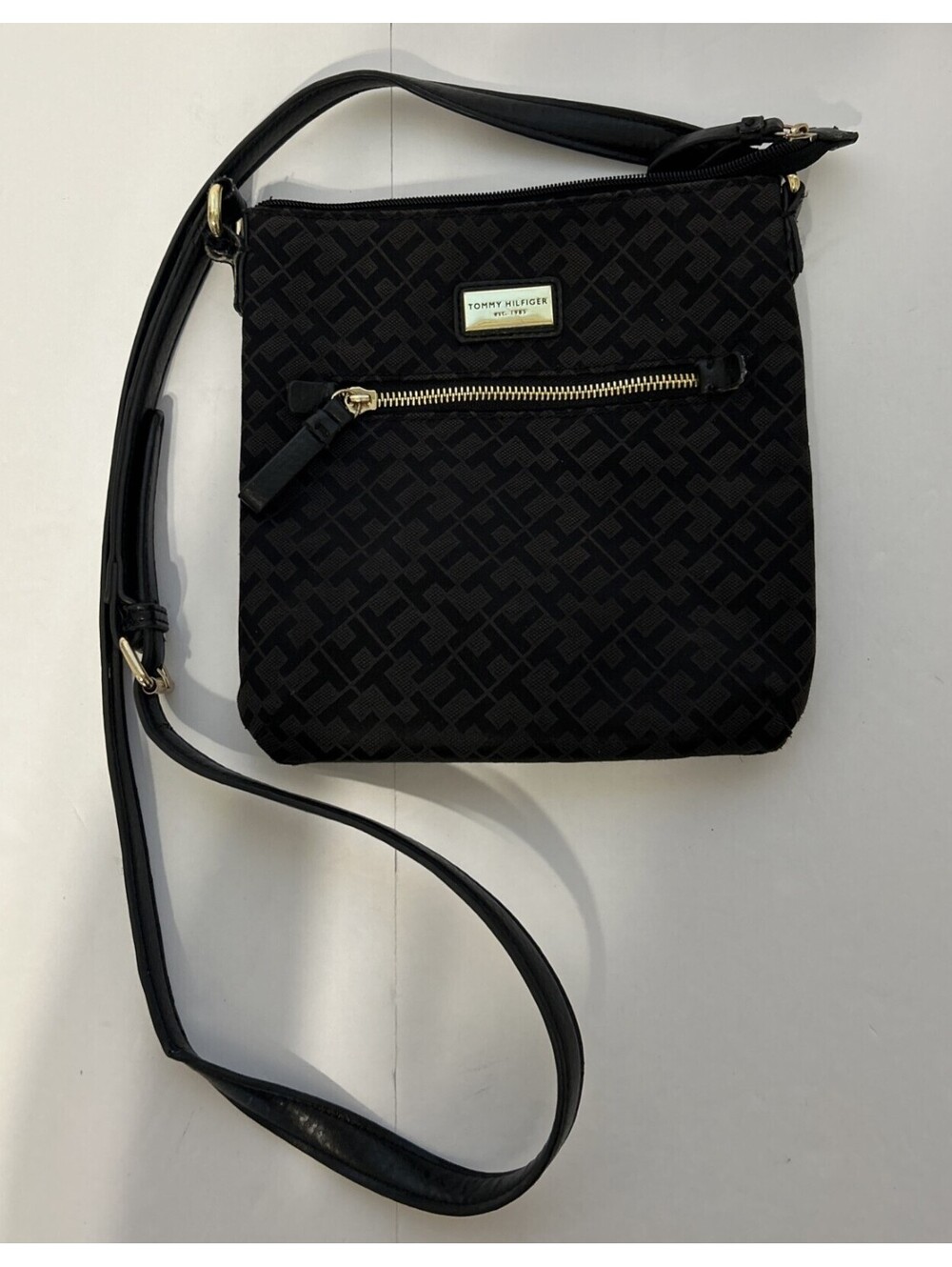 Tommy Hilfiger Black Monogram Jacquard Crossbody Bag Gold tone Hardware